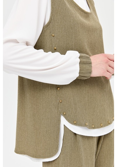 Esswaap Retro Dokulu Üçlü Pantolonlu Takım Haki-haki Haki