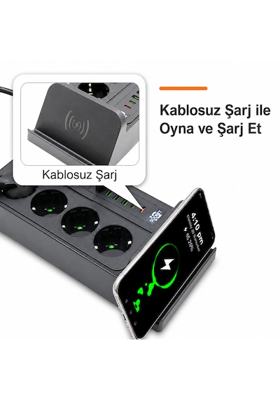 4'lü Priz Çoklayıcı Kablosuz Şarjlı 4 Usb + Type-c 3000w 24 Saat Dijital Zamanlayıcılı 2 Metre Kablolu Akıllı Priz 0 - 2 M