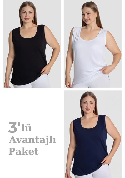 Grey Cat Kadın Pamuklu Büyük Beden Kalın Askılı Atlet 3'lü Paket Rahat İç Giyim Yuvarlak Yaka Nefes Alabilen Siyah Beyaz Lacivert