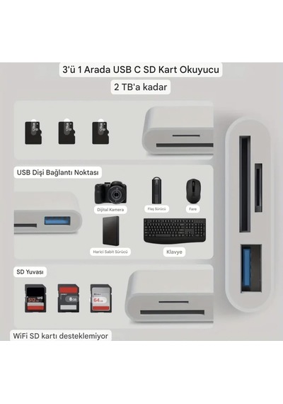 E-kervan 3'ü 1 Arada Apple Uyumlu iPhone Lightning To Tf Sd Kart Ve Usb Çevirici Dönüştürücü Sağlam 1 Adet