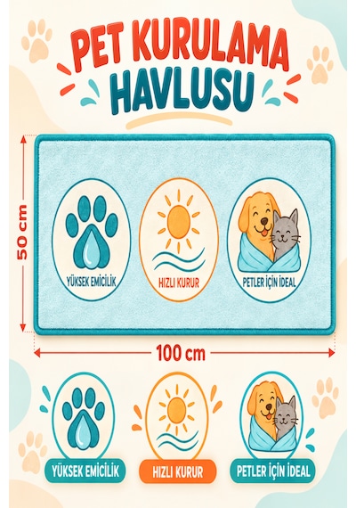 Kedi & Köpek Kurulama Havluları Poodle Joy Hızlı Kuruyan 50x100cm