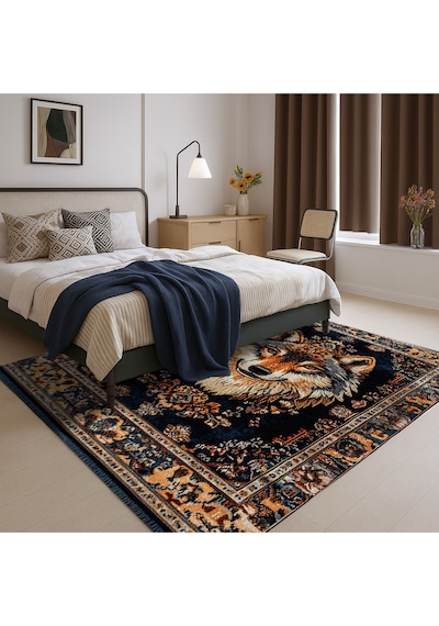 Turkıshrug Kıngdom Lacivert Bohem Halı, Hayvan Figürleriyle Dekoratif, Kaymaz Tabanlı Kilim Çok Renkli