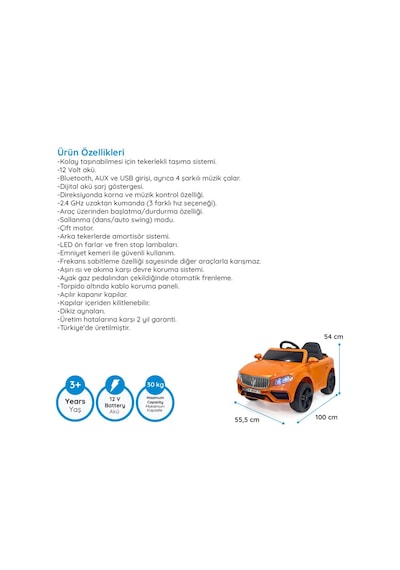 Massimo Gt 4x2 12v Uzaktan Kumandalı Led Farlı 2x Arka Süspansiyonlu Kemerli Çocuk Akülü Araba Turuncu