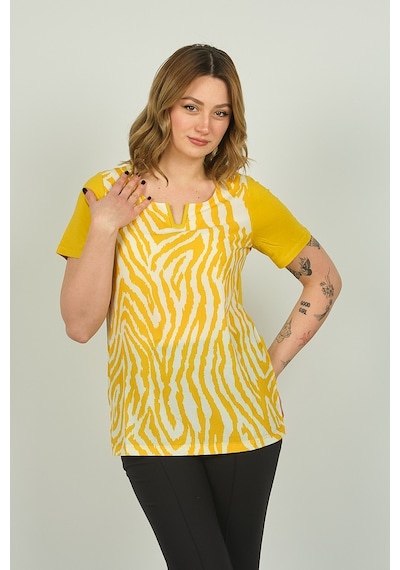 Ella Camelia Kadın Zebra Desenli Kısa Kol Bluz 20e016 Sarı
