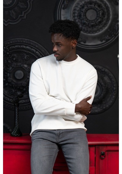 Dorss Regular Fit Armürlü Bisiklet Yaka Likralı Mevsimlik Sweatshirt Beyaz