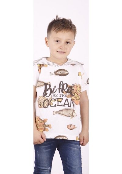 Toontoy Kids Toontoy Erkek Çocuk Balık Baskılı Kapüşonlu Tişört Beyaz