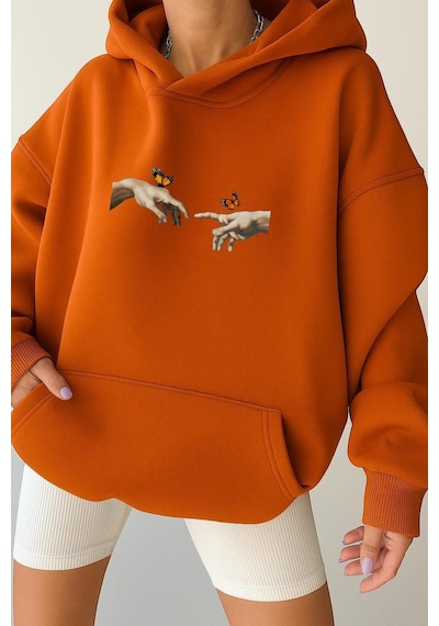 Benroma 3 İplik Penye El Parmak Unisex Kapüşonlu Sweat Turuncu