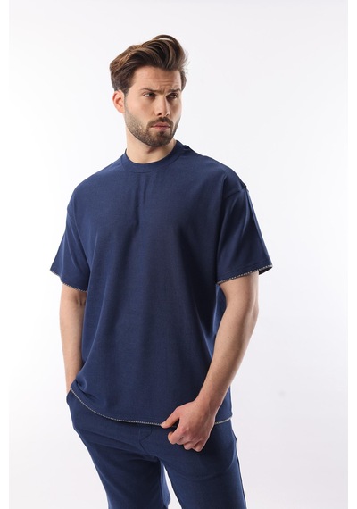 Madmext Lacivert Nakış Detaylı Erkek Şort T-shirt Takım E7305 Lacivert