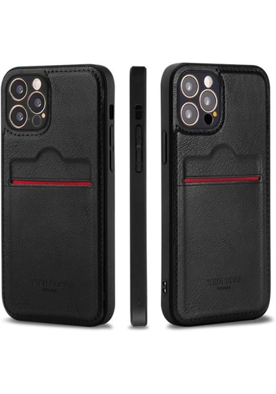 Apple Uyumlu iPhone 15 Pro Max Cüzdan Tasarımlı Premium Deri Telefon Kılıfı, Siyah Siyah