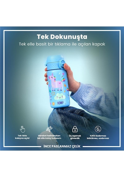 Ion8 - Paslanmaz Çelik Çocuk Suluk - Mavi Unicorn - 400 Ml - Sızdırmaz