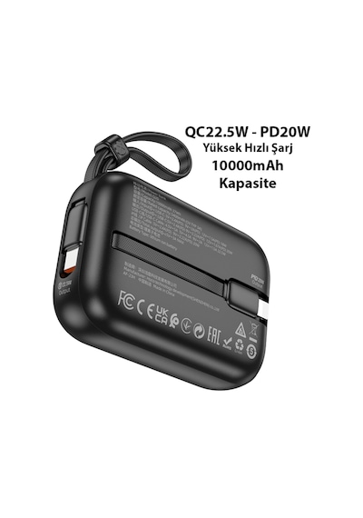Hoco Q20 Fountain 10000mah 22.5w+pd20w Dijital Göstergeli Kablolu Powerbank Siyah Siyah