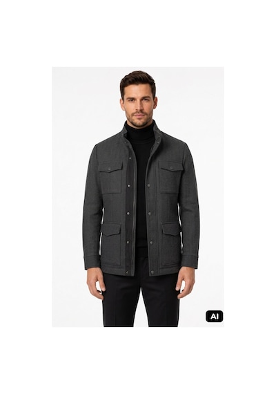 İgs Siyah Regular Fit Standart Kalıp Dik Yaka Balıksırtı Desenli Kapitoneli Mont-26256