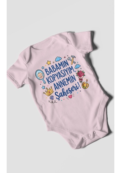 Morivokids Babamın Kopyasıyım Annemin Şaheseri Kısa Kollu Bebek Body %100 Pamuk Bebe Pembe
