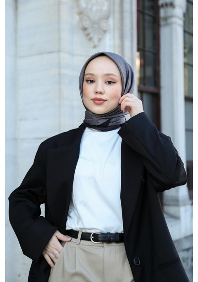 Eşarp - Premium Lux Original Monogram Eşarp İpek Vual, Yüksek Kalite, Hafif, Rahat, Şık, Scarf Füme Gri Şeritli