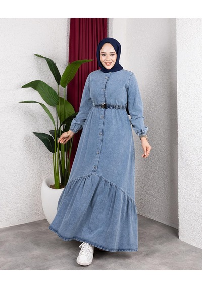 Hb Harma Time Butik Kadın Düğmeli Kuşaklı Denim Kot Mavi Elbise