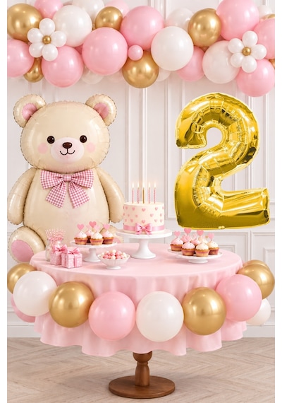 2 Yaş Retro Papyonlu Folyo Krem Ayıcık Pembe Gold Beyaz Balon Gold Rakam Doğum Günü Kutlaması Altın - Krem