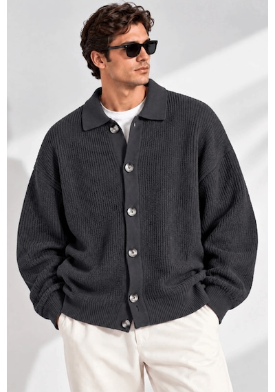 Genıus Store Erkek Hırka Oversize Kalıp Düğmeli Polo Yaka Triko Kazak Çekme/uzama Yapmaz Erkek-hırka Füme