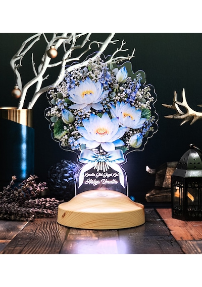 Nilüfer Lotus Çiçek Buketi Led Lamba - Kadına Doğum Günü Hediyesi Işıklı Solmayan Çiçek Nilüfer Lotus Buketi
