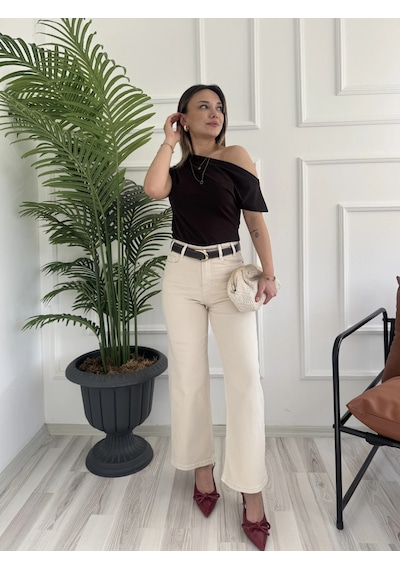 Keymoda Kadın Wide Leg Kemerli Bej Jean
