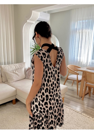 Etiler Collection Kadın Kolsuz Sırttan Bağlamalı Fırfırlı Leopar Desenli Süprem Elbise Leopar