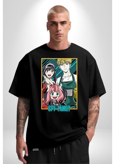 Spy X Family Anime Özel Tasarım Pamuklu Bisiklet Yaka Unisex Oversize Boyfriend Dijital Baskılı Siyah T-shirt Siyah