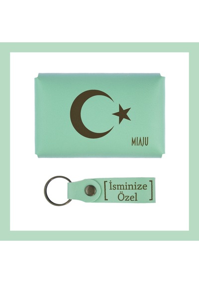Miaju Açık Yeşil, Ayyıldız Desenli, İsmine Özel Kişisel Cüzdan Ve Anahtarlık Set, Kıymetli Arkadaşa Hediye Açık Yeşil