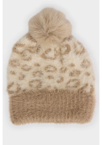Defacto Kız Çocuk Leopar Desenli Ponponlu Triko Bere F2395a825wnbg300 Bej-bg300