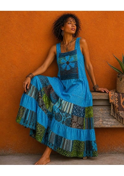 Eren Style Hint Patchwork Solopet Elbise Turkuaz