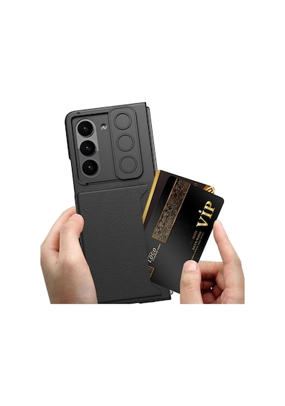 Samsung Uyumlu Galaxy Z Fold 5 Suni Deri Arka Yüzey Sürgülü Kamera Korumalı Zore Kartlıklı Kıpta Silikon Kapak Siyah