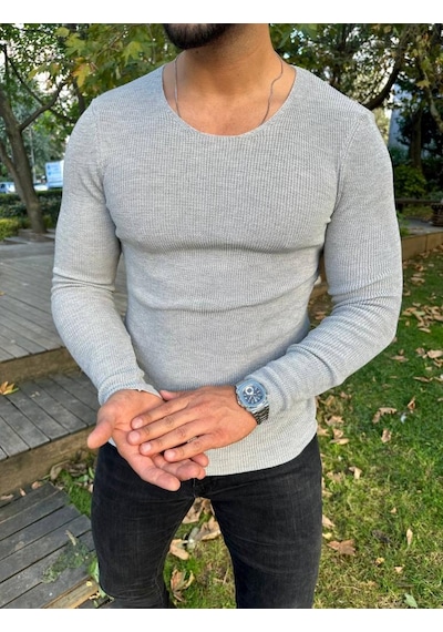 Elku Moda Kazak Örme Tüylenmez Naturel Pamuk Kazak Slim Fit Triko Dar Kesim Body Kazak Gri