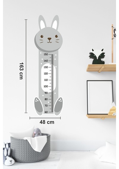 MSticker Sevimli Gri Tavşan Çocuk Bebek Odası Boy Cetveli Sticker 48x163cm