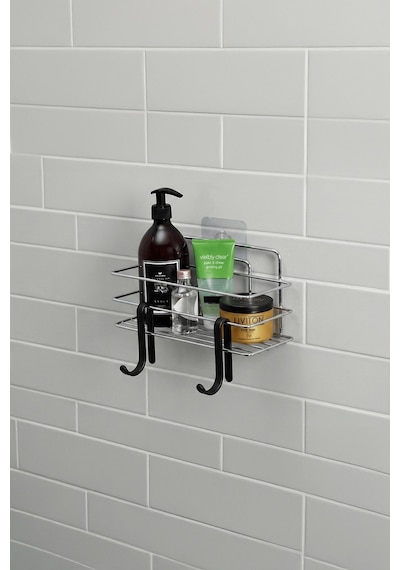 Sas Haus Tekli Krom Yapışkanlı Banyo Rafı + 2 Li Askı Kanca Seti Paslanmaz Metal Duş Şampuanlık Yapıştır/vidala Tş-01 Krom