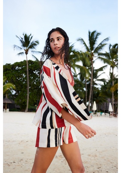 Penti Shay Striped Etnik Desen V Yaka Oversize Kimono