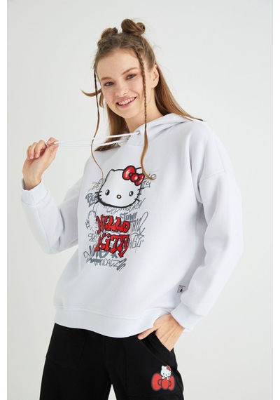 Hello Kitty Lisanslı Baskılı Kapüşonlu Kalın Sweatshirt Renkli