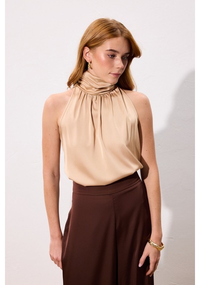 Sateen Boğazlı Kolsuz Bluz - Camel-136544 CAMEL