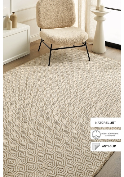 Ocean Home Textile Ekru Renk Karo Desenli Jüt Halı Kilim 120 X 180 Cm