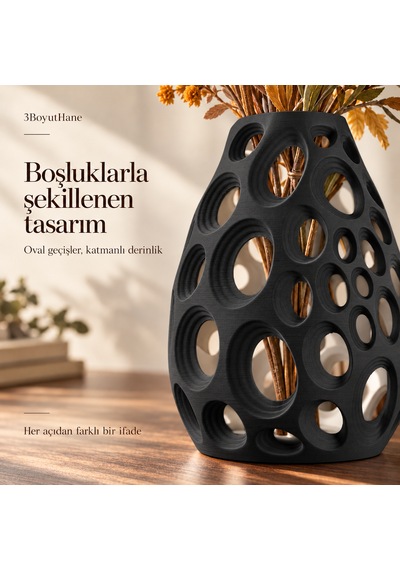 Dekoratif Vazo 20 Cm Oval Delikli Modern Tasarım Kuru Ve Yapay Çiçek Vazosu Siyah
