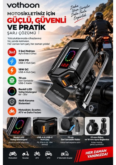 Magicool Motosiklet Telefon Tutucu Ayna Ve Gidon Bağlantılı Telefon Şarj Cihazı Geri Sarılabilir Type-c