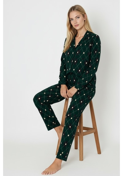 Luxury Soft Yeşil Ekose Desenli Uzun Kollu Kadın Pijama Takımı 3045 Yeşil
