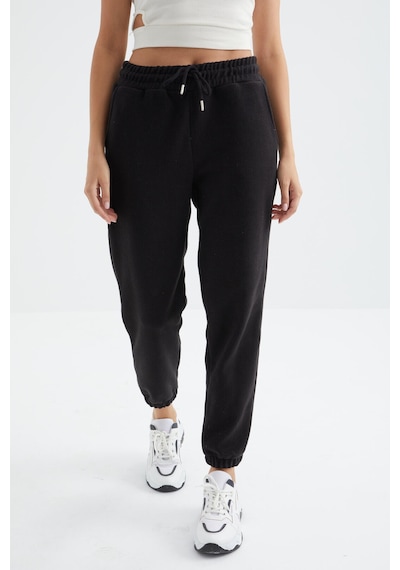 Siyah Yüksek Bel Basic Bağcıklı Jogger Polar Kadın Eşofman Alt - 94622 Siyah