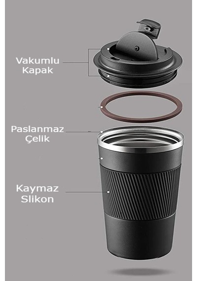 Kaydırmaz Lastikli Paslanmaz Çelik 500 Ml Termos Bardak Siyah
