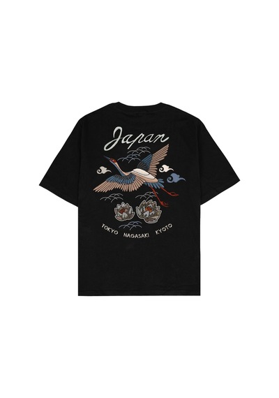 Adrift Japan Crane Siyah Oversize Unisex T-shirt Siyah
