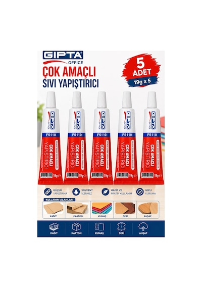 Sıvı Yapıştırıcı 19 Gr Tüp Gıpta Çok Amaçlı Kuvvetli Yapıştırıcı 5 Adet Okul Büro Yapıştırıcısı Kağıt Karton