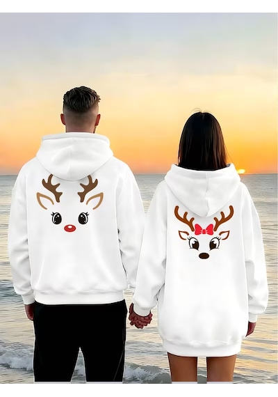 Nevermind Sevgili Çift Kombin Hoodie Geyik Baskılı Oversize Kapüşonlu Sweat Beyaz