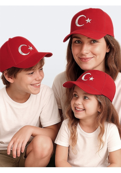 Denokids Unisex Çocuk Ay Yıldız Bayrak Kırmızı Şapka Renkli
