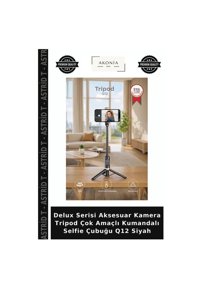 Delux Serisi Aksesuar Kamera Tripod Çok Amaçlı Kumandalı Selfie Çubuğu Q12 Siyah