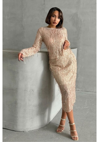 Verymoda Tüy Pullu Etek F1621 Taş Gold