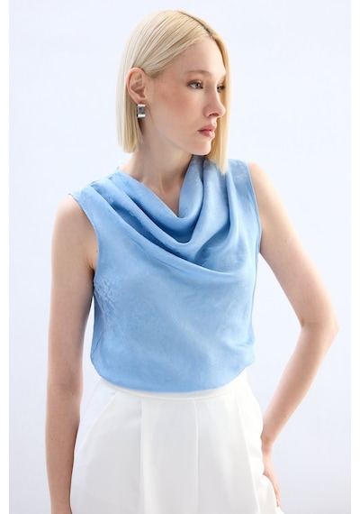 Sateen Degaje Yaka Bluz - Bebe Mavi-136754 Bebe Mavi