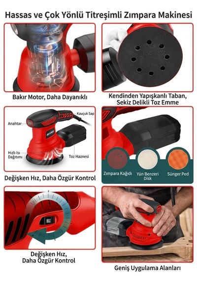 Steiner 700w 6 Kademe Devir Ayarlı 125mm Toz Toplama Sistemli Eksantrik Zımpara Makinesi Kırmızı