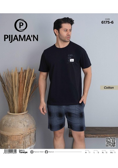 Pijamoni Erkek Bisiklet Yaka Kısa Kol Şortlu Pijama Takımı 6175/6 - 1 Adet Siyah